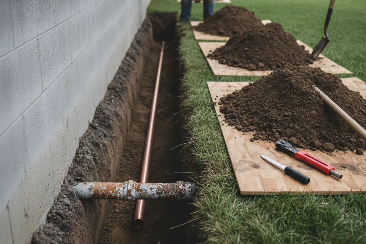 Excavated water line trench during Water Softener Installation in Royston